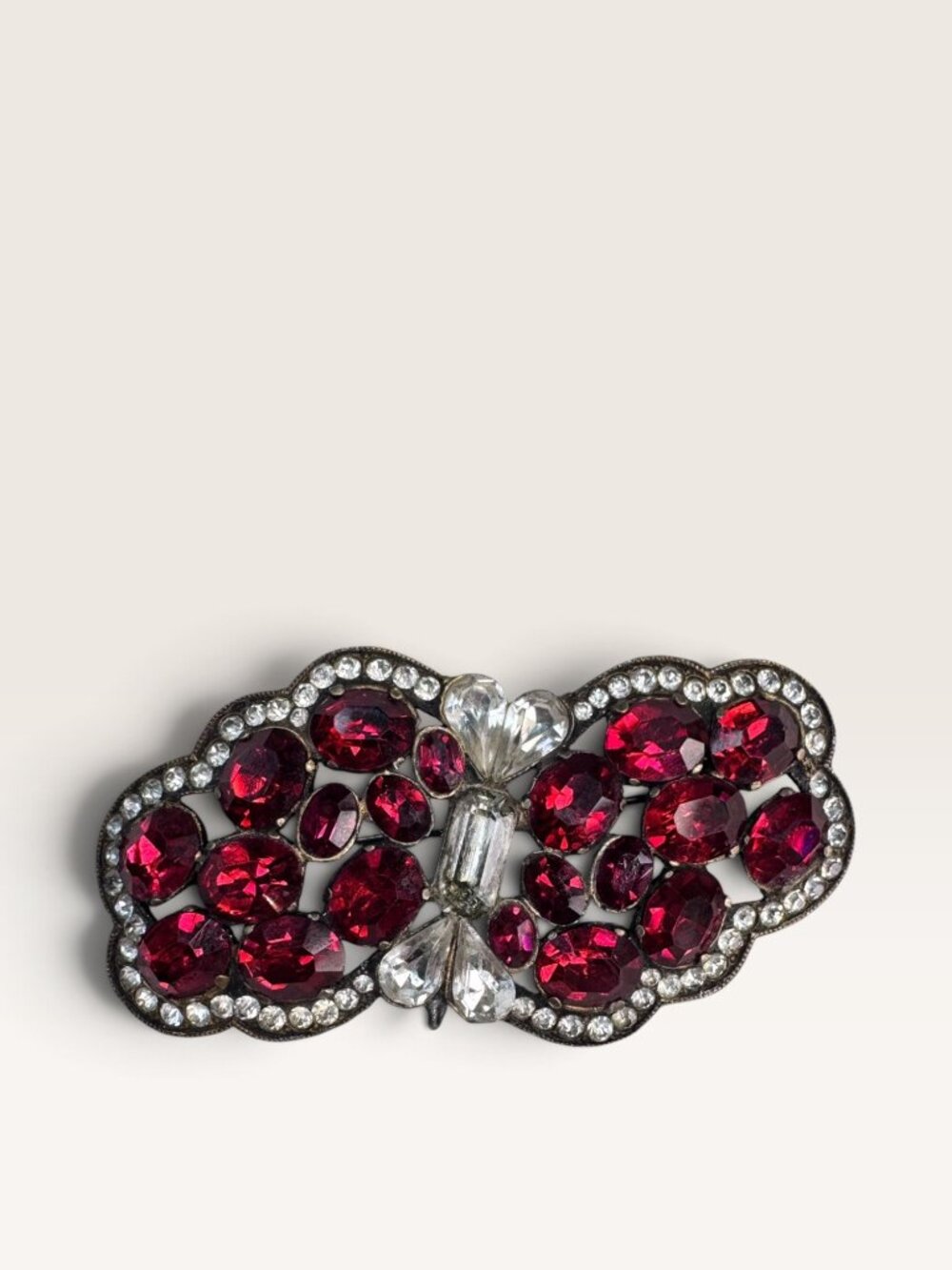 Vintage 1950s Red Rhinestone Openwork Butterfly Brooch Pin Pendant Mixed Metal